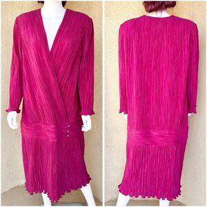 Vintage 80s Magenta Pleated Dress with Button Detail
